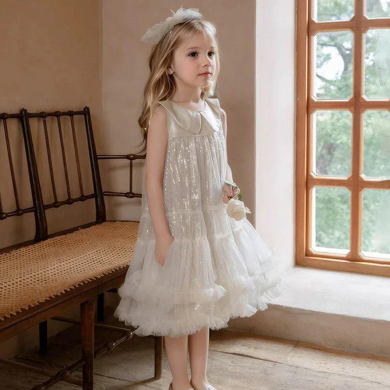 Robe d'été UNITIM pour fille, col Peter Pan, en maille scintillante, robe de princesse pour fête d'a