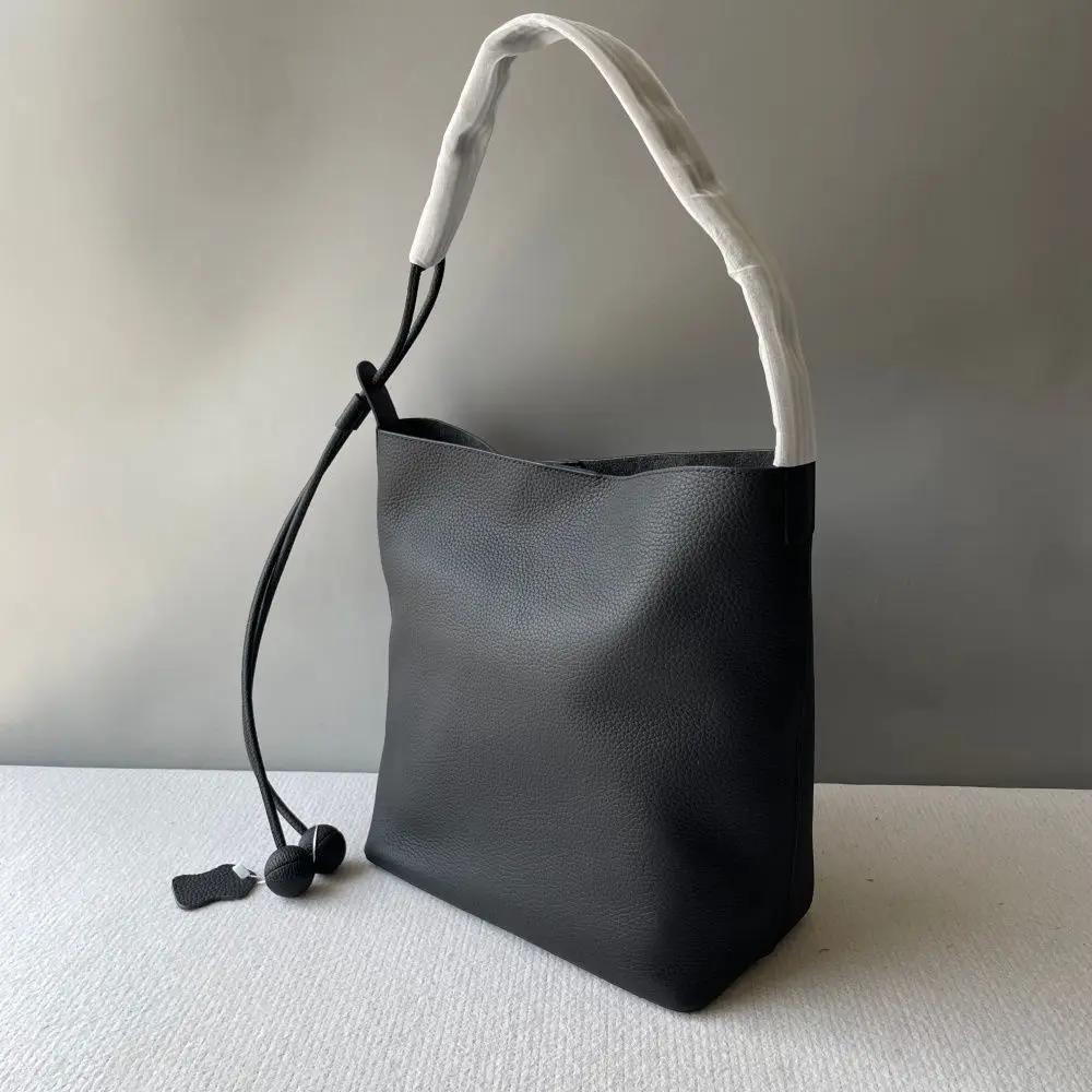 Sac seau en cuir de vachette première couche, style décontracté haut de gamme, sac à main en cuir vé