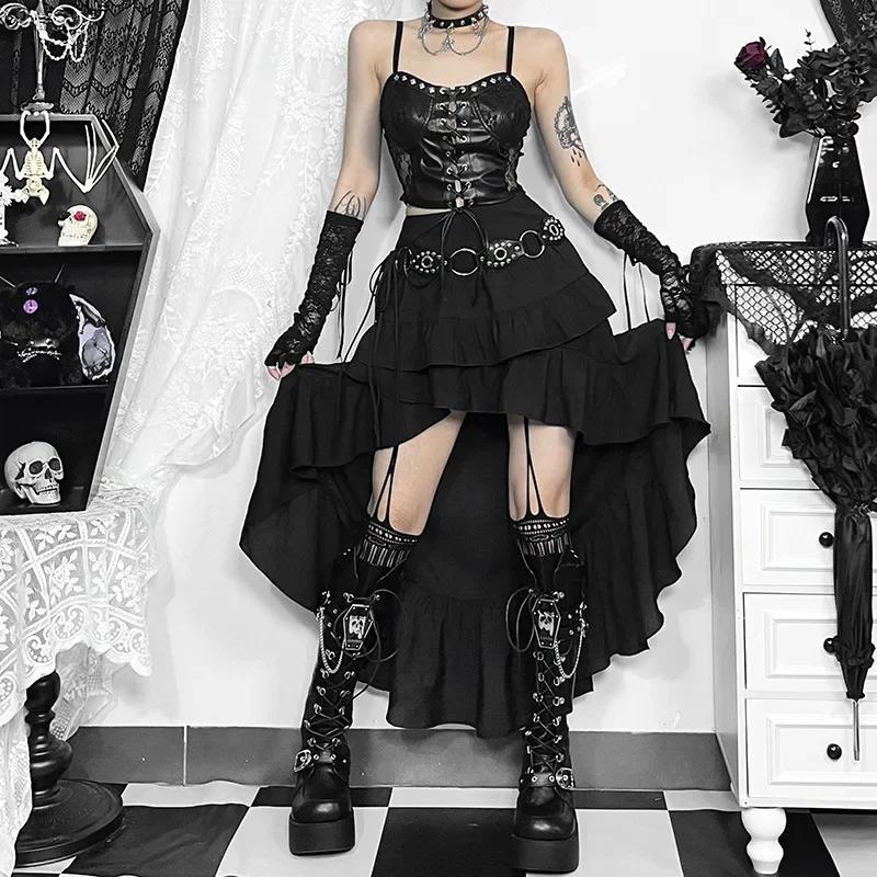 Goth foncé Kawaii noir jupes à plusieurs niveaux 90S rétro ourlet irrégulier bas de fête centre comm