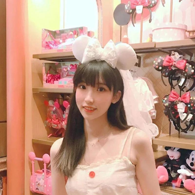 Bandeau oreilles de Mickey Disney Original, Shanghai Disneyland Minnie, bandeau en cuir, nœud à pail