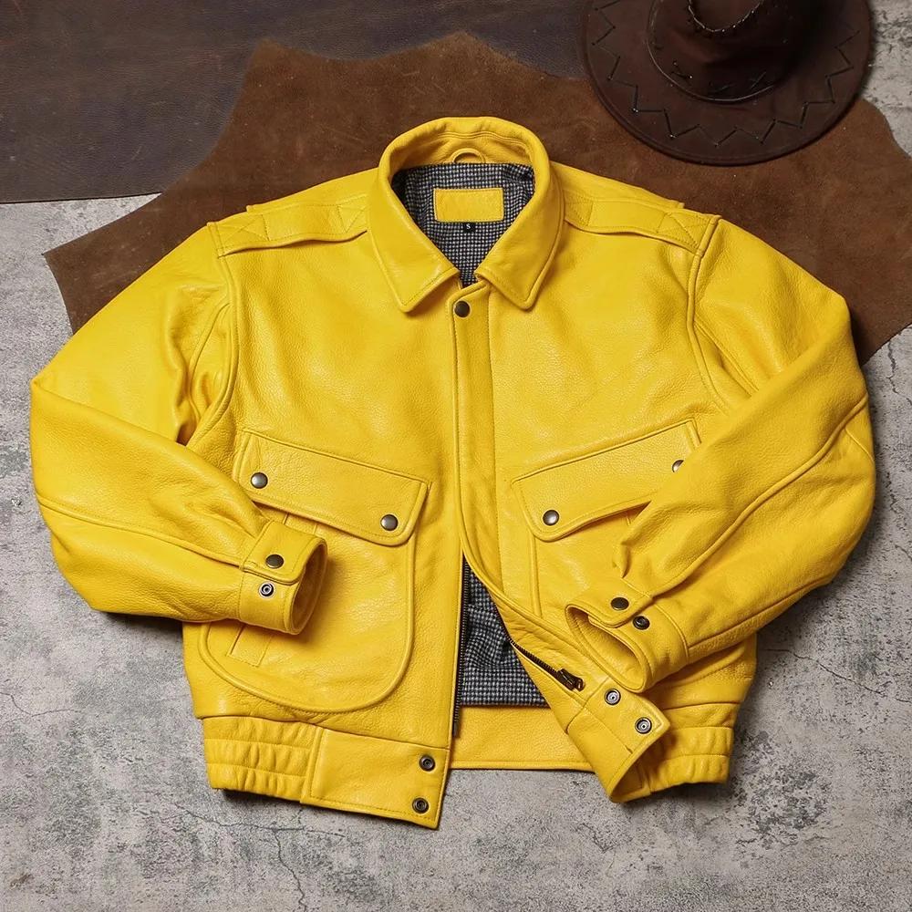 Mauroicardi printemps automne Cool beau court jaune doux Pu veste en cuir hommes col rabattu luxe vê