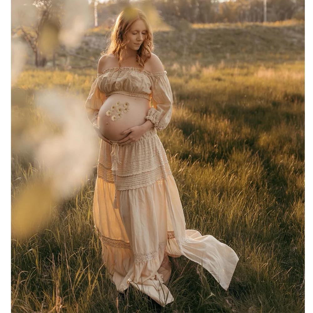 Robe de grossesse bohème pour séance Photo, asymétrique épaule dénudée, manches longues, deux pièces