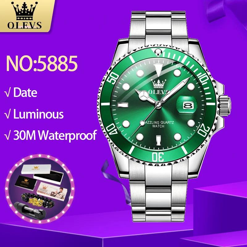 OLEVS 5885 montres pour hommes affaires bracelet en acier inoxydable montre à Quartz vert calendrier