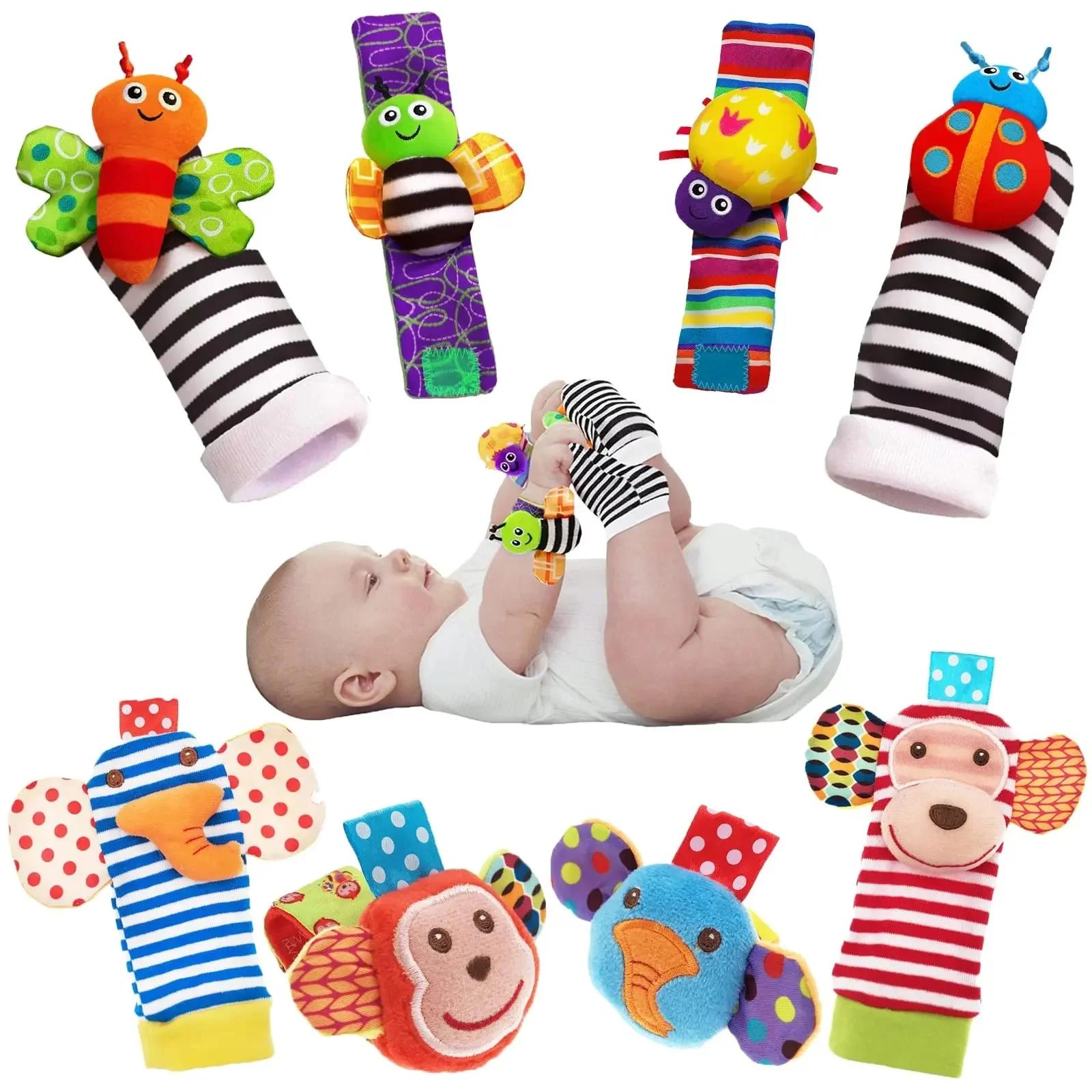 Hochet pour bébé de 0 à 24 mois, 4 pièces, animaux en peluche mignons, hochet de poignet, chaussette