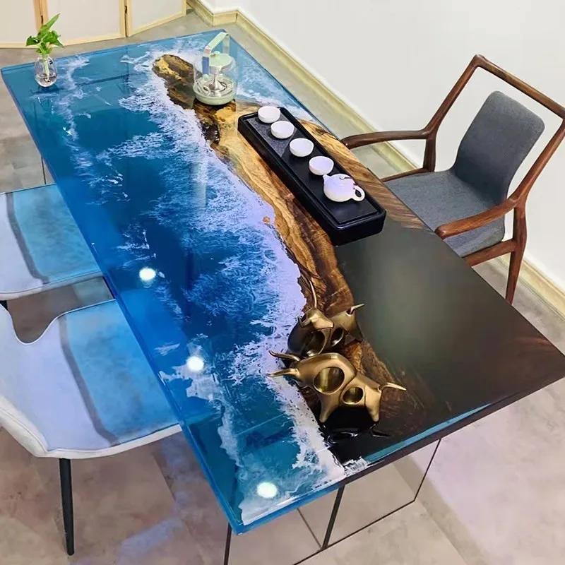 Table en résine époxy, grande planche en bois massif, fabricant de thé, thé, carré, café, rivière