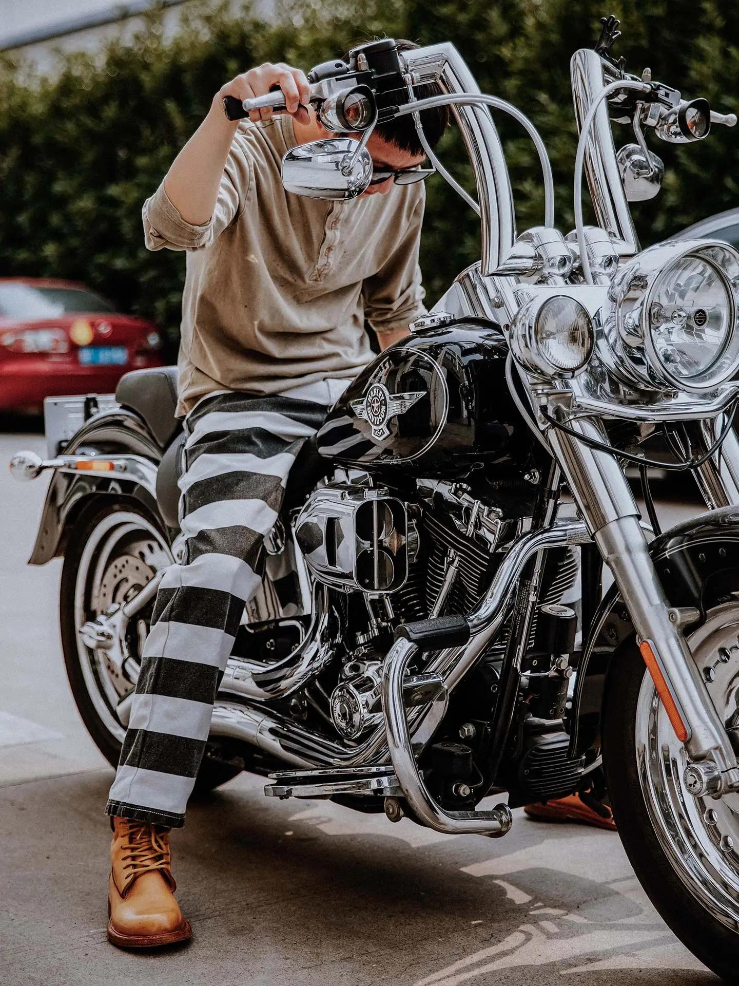 Pantalon de moto en toile lourde pour hommes, rétro américain, rayures noires et blanches, droit, dé