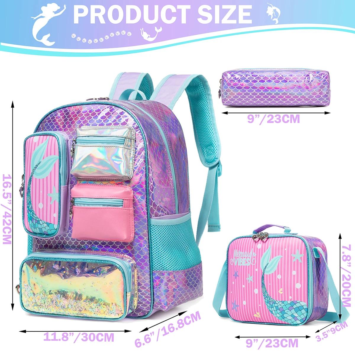 Meetbelify-Sac à dos sirène pour filles, cartable pour filles, sac à lunch et sac à main pour élèves