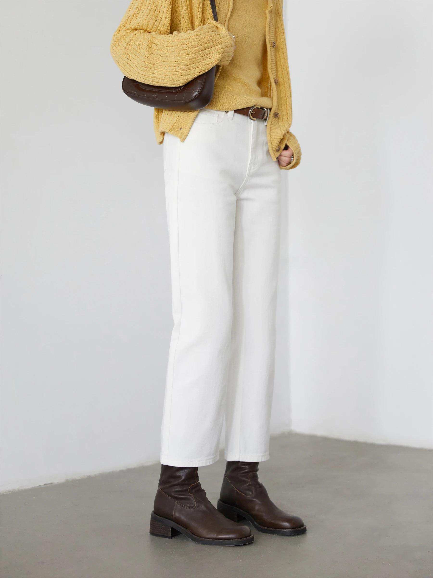 CHIC VEN femmes pantalon blanc mince taille haute coton jambe droite décontracté jambe mince jean fi