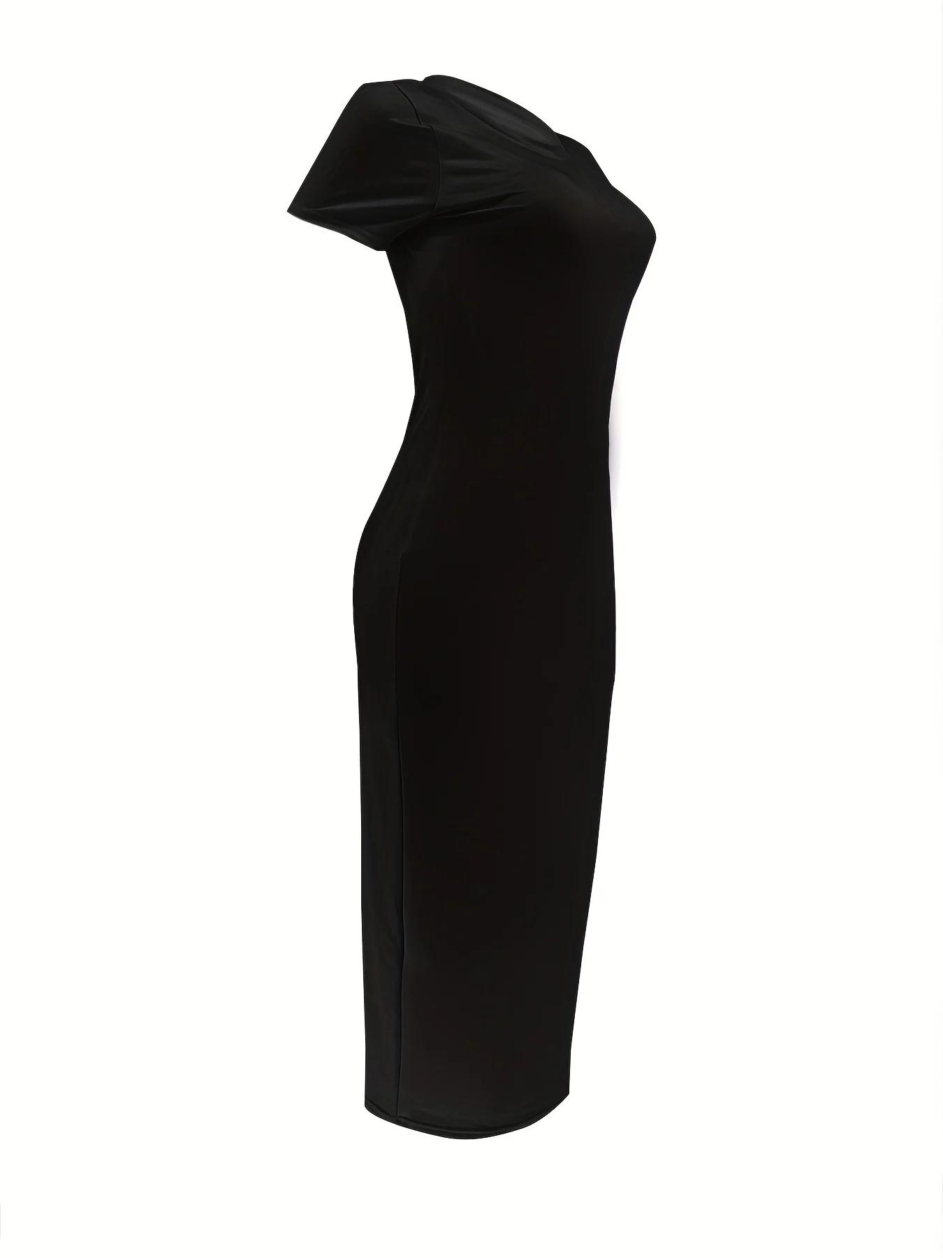 Femmes d'été décontracté mode coupe ajustée sexy couleur unie col rond manches courtes robe longue n