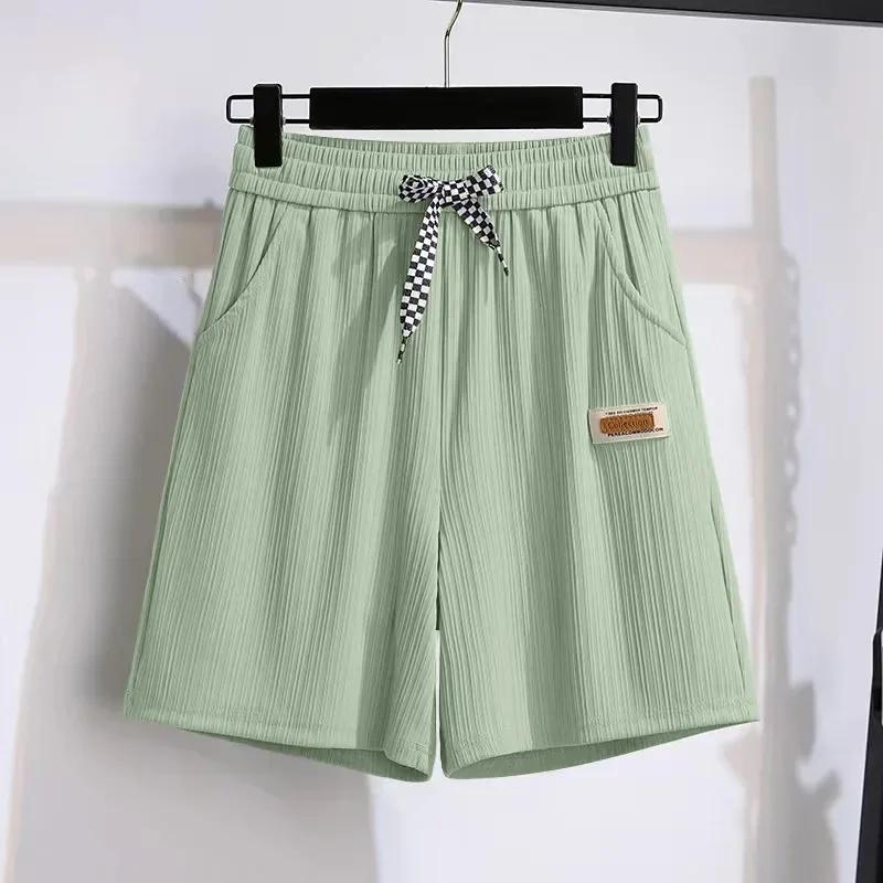 Short d'été en soie glacée pour femmes, pantalon mi-long droit ample taille haute, pantalon décontra