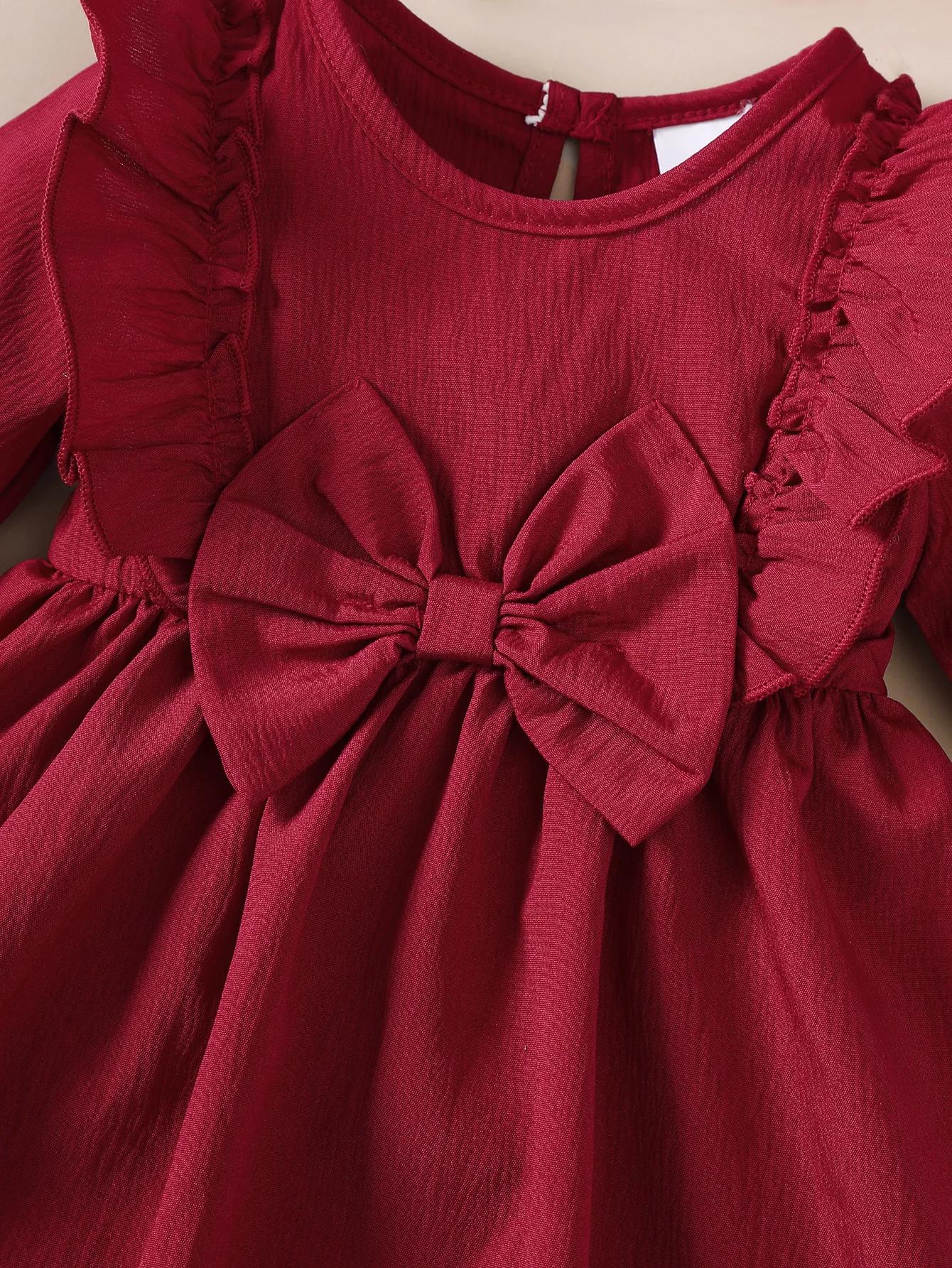 Robe d'automne pour bébé fille, bords et nœud à volants, robe à manches longues + bandeau pour 0-18 