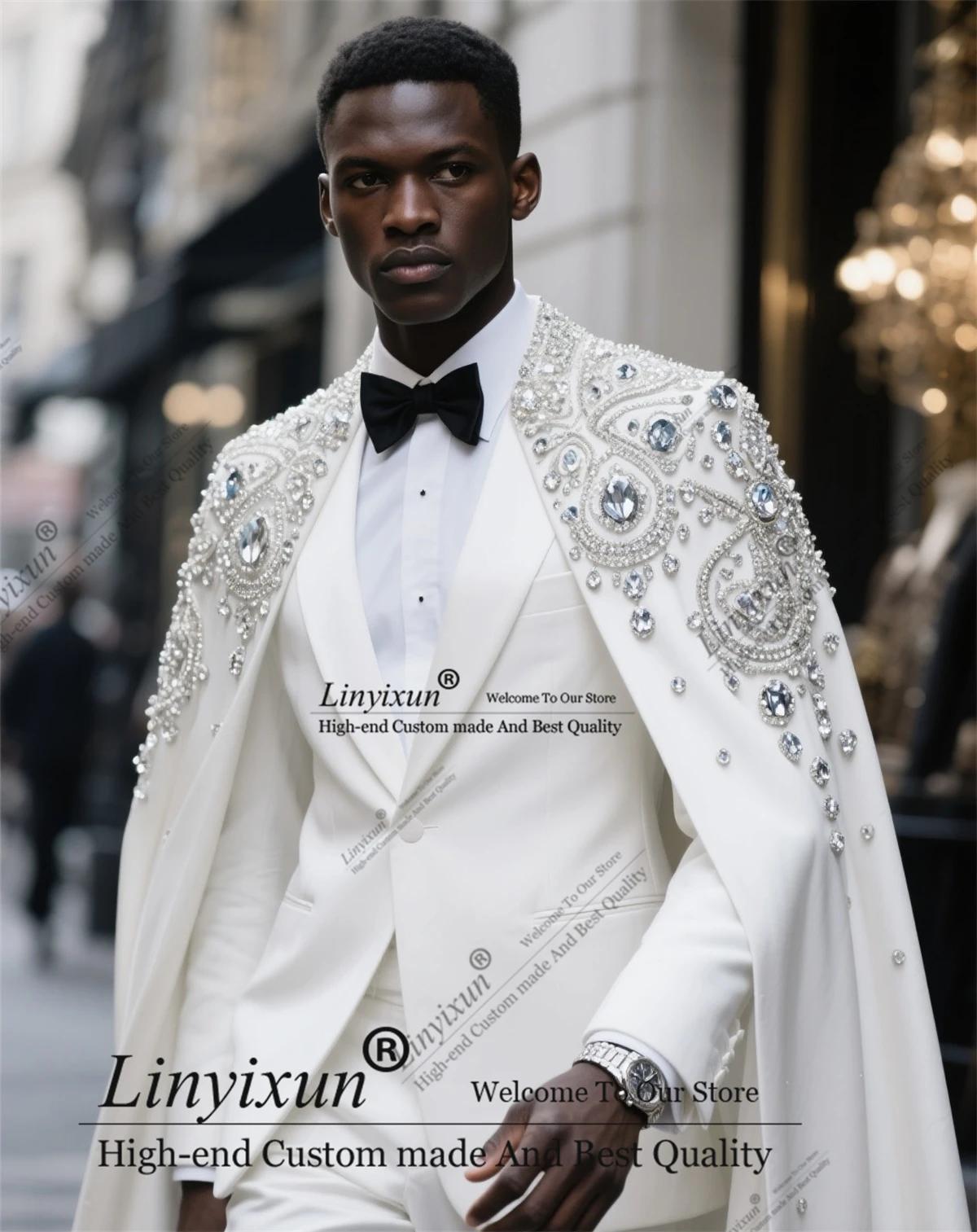 Costume haut de gamme en diamant pour hommes, vêtements perlés, cape de marié, smoking de bal, ensem