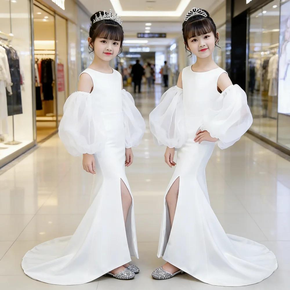 Robe sirène blanche sans bretelles pour filles avec traîne, tenue de cérémonie pour fête, costume de