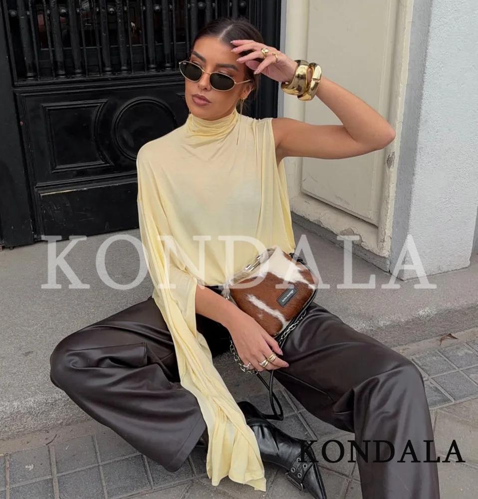 KONDALA Hauts asymétriques élégants à col montant pour femmes, style urbain, jaunes, Nouvelle collec