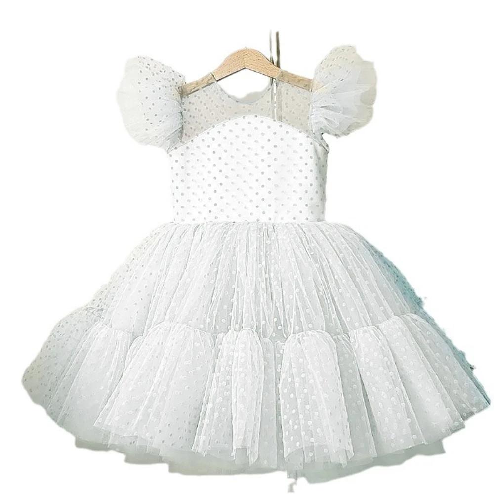 Robes de mariée à fleurs pour filles, bleu ciel, élégantes, col rond, sans manches, à pois, en dente