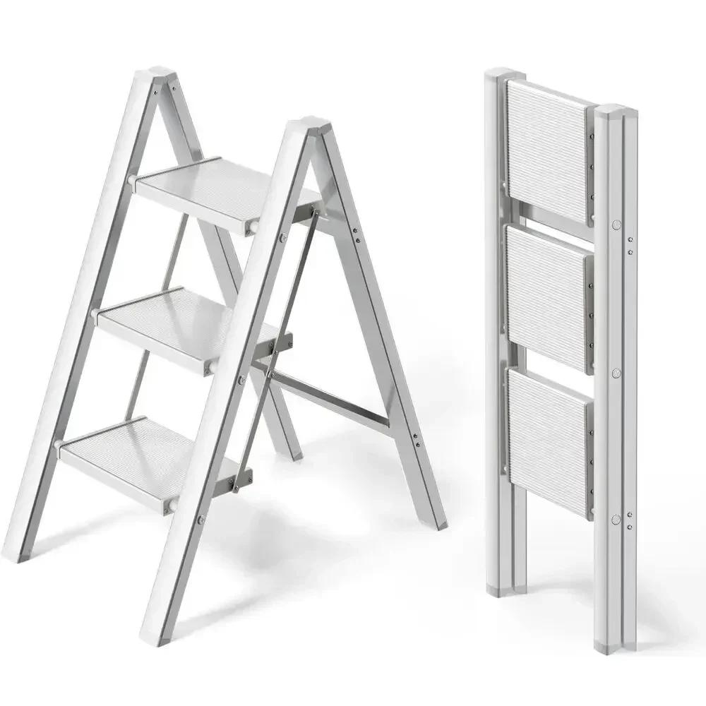 Escabeau Pliant en Aluminium avec Large Pédale Antidérapante, Escabeau Portable, observateur, Argent