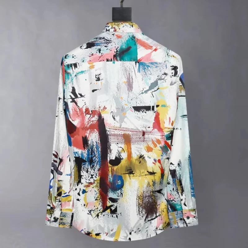 Chemise en polyester pour homme 2026 avec imprimé graffiti, manches longues, coupe ajustée, streetwe