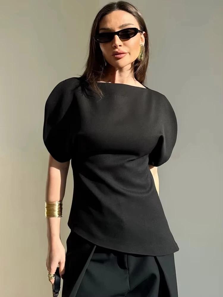 Blouse élégante blanche à manches bouffantes et ourlet asymétrique pour femme HH, col bateau uni, co