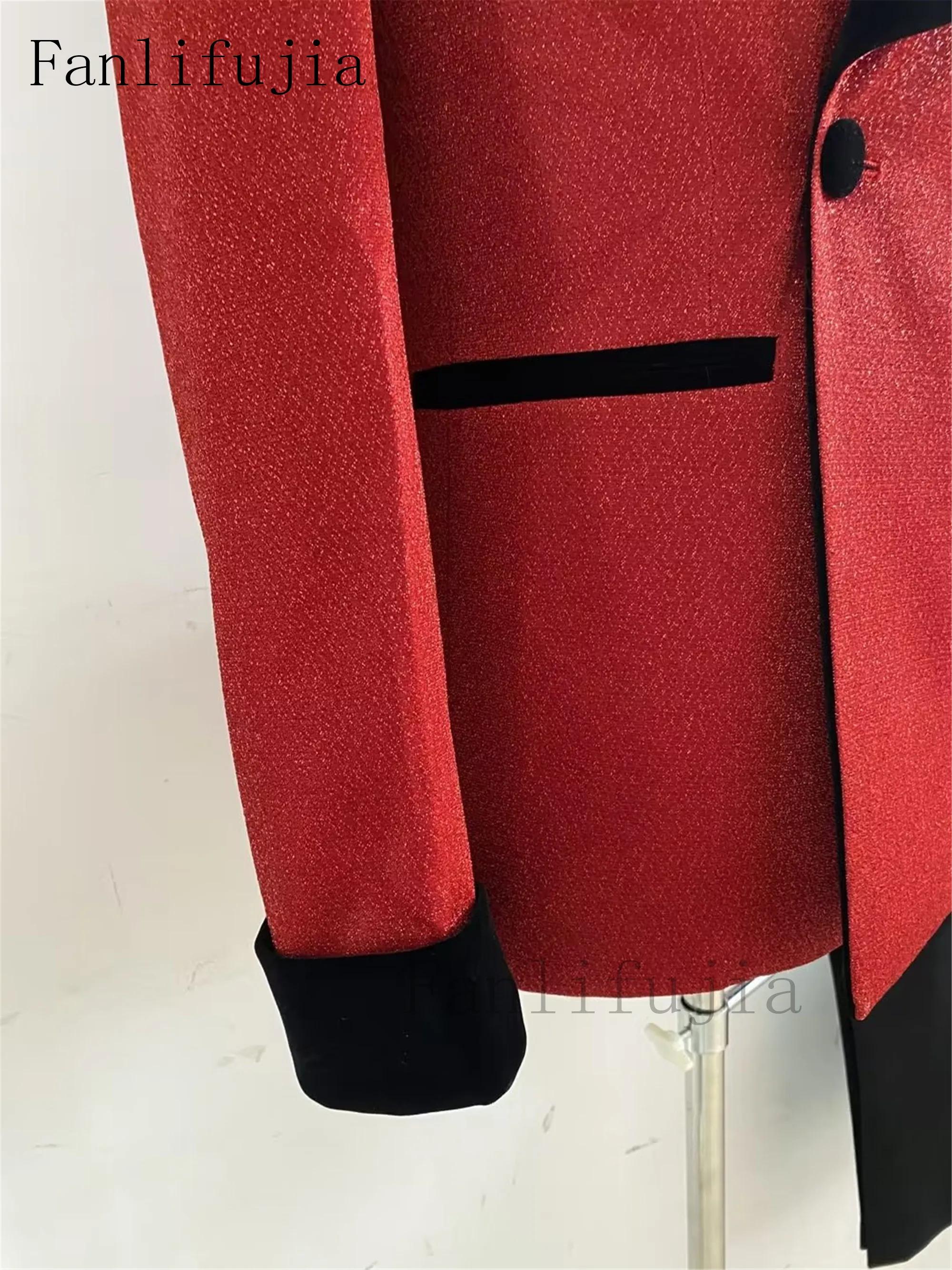 Fanlifujia luxe rouge paillettes costumes hommes marié mariage smoking Double boutonnage Blazer form