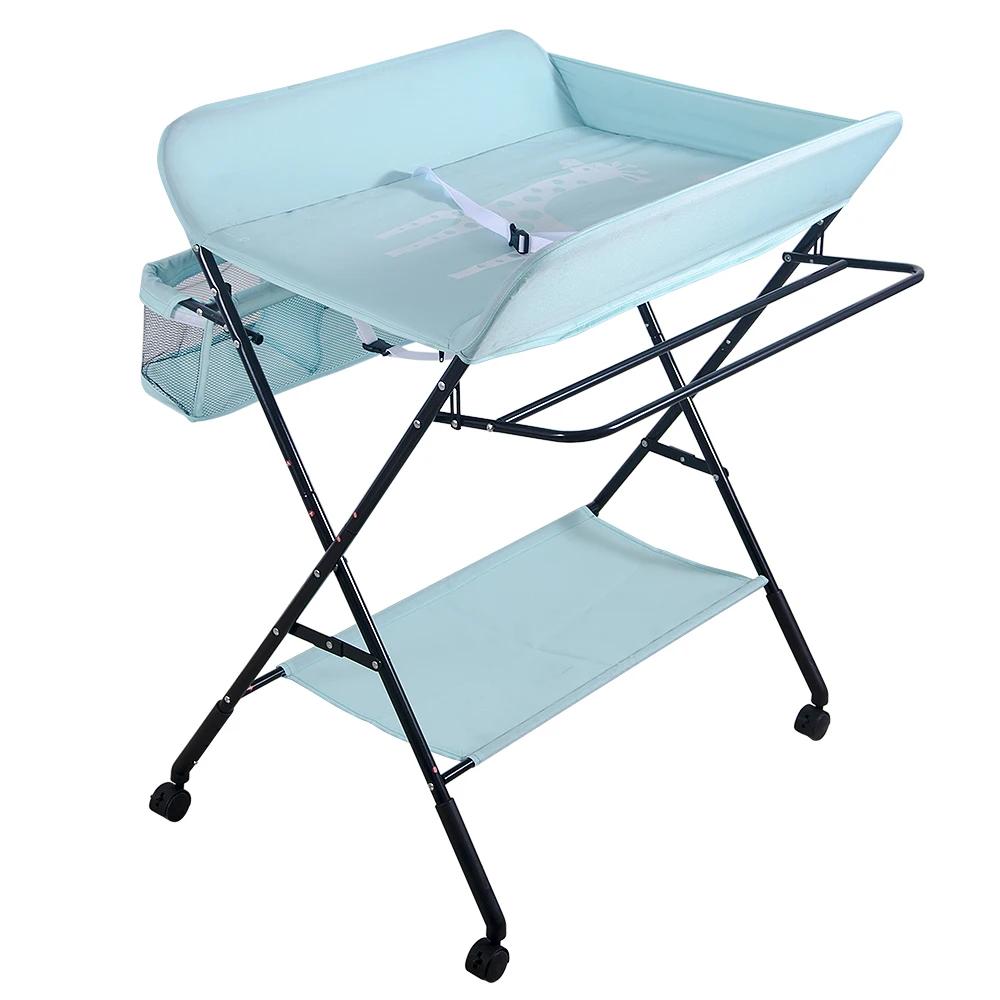 Table à Langer Pliable, Plan à Langer avec Panier Latéral et Roulettes Verrouillables, Meuble pour B