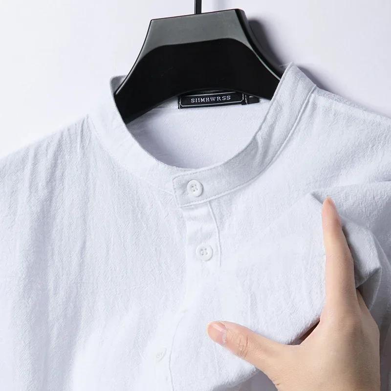 Chemises en coton et lin pour hommes, Streetwear Henley léger à manches longues, chemise de plage re