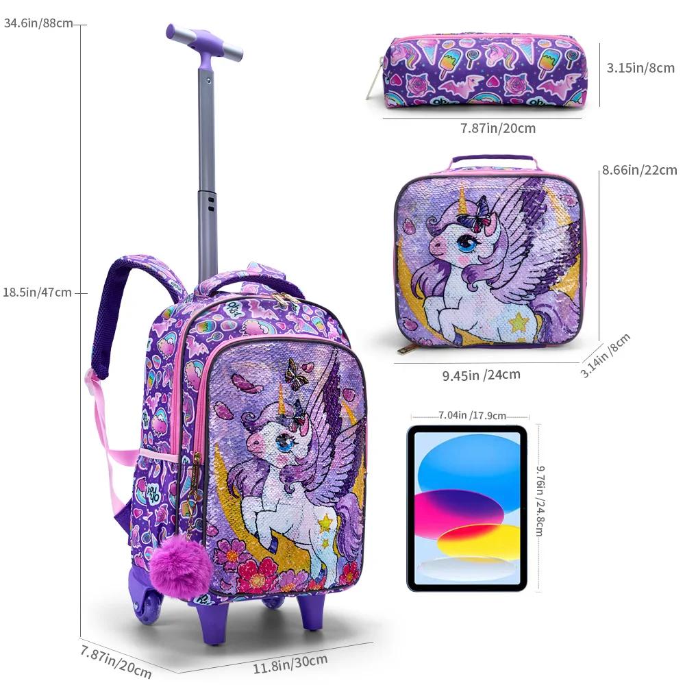 Ensemble de 3 sacs à dos roulants pour filles, sacs à roulettes avec motif de lune et de licorne de 
