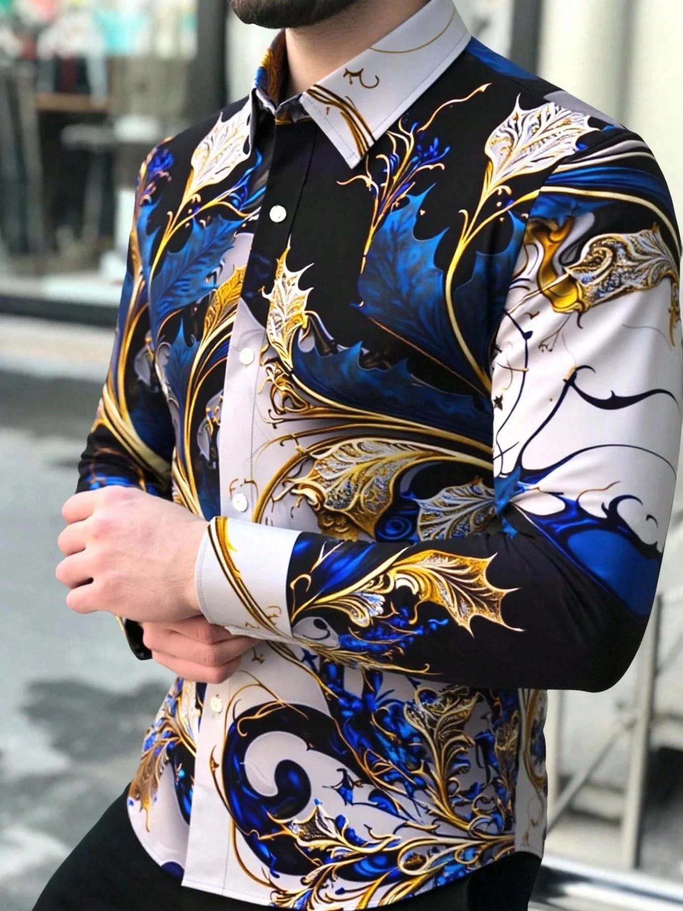 Chemise boutonnée décontractée à motifs géométriques pour hommes – Mélange de polyester, col à rever