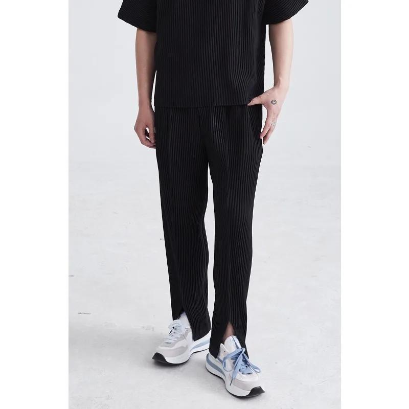 Miyake plissé hommes fente pantalon noir drapé automne décontracté pantalon droit ample Simple vêtem