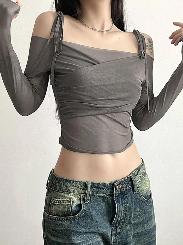 Haut court à col incliné pour femmes, couleur unie, sexy, épaules dénudées, à lacets, manches longue