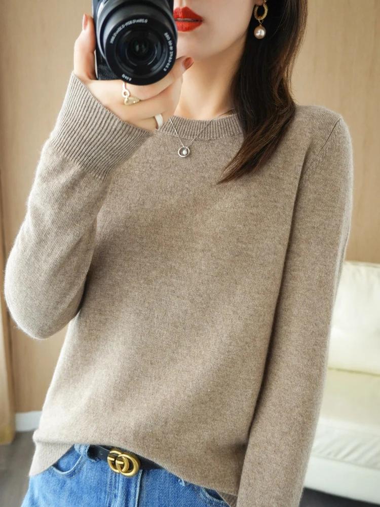 Pull en laine à manches longues et col rond pour femmes, pull basique, tricots en laine mérinos, sty