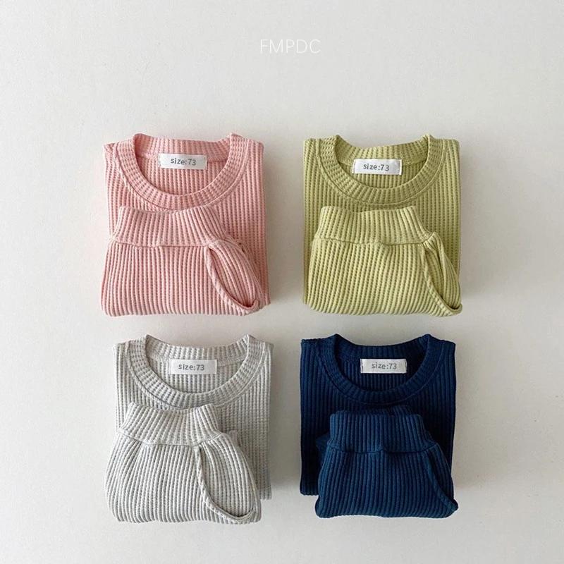 Ensemble de vêtements coréens pour bébés garçons, faux deux pièces en coton gaufré + pantalon, tenue