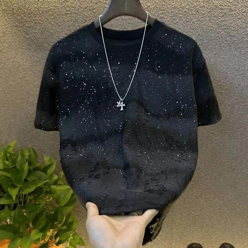 Été larme hommes vêtements été strass Rivet T-shirt col rond T-shirt style décontracté Version corée