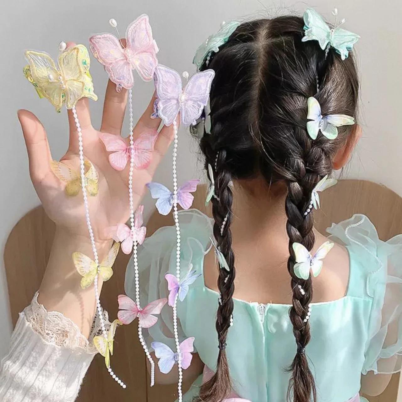 Pince à cheveux féerique en perles et papillons, 2 pièces/ensemble, princesse fille, pompon tressé, 