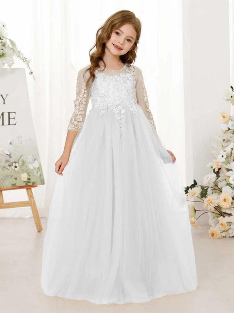 Robe de demoiselle d'honneur en dentelle avec des Appliques florales, manches 3/4, robe de bal en Tu