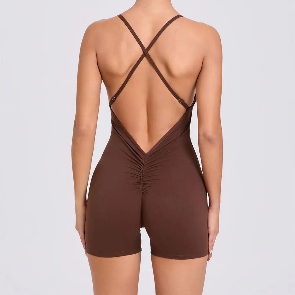 Combinaison de yoga dos nu pour femme, ensemble de shorts, vêtements de sport siamois, fitness sport