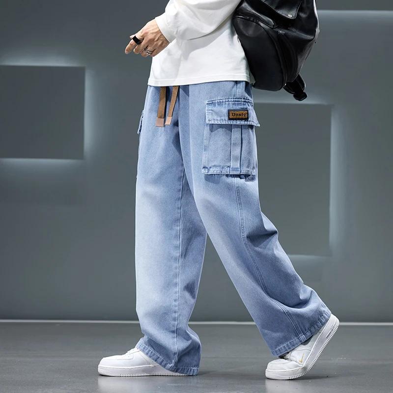 Automne nouveau jambe large lavage Jean pantalon hommes pantalon neutre couleur unie ample décontrac