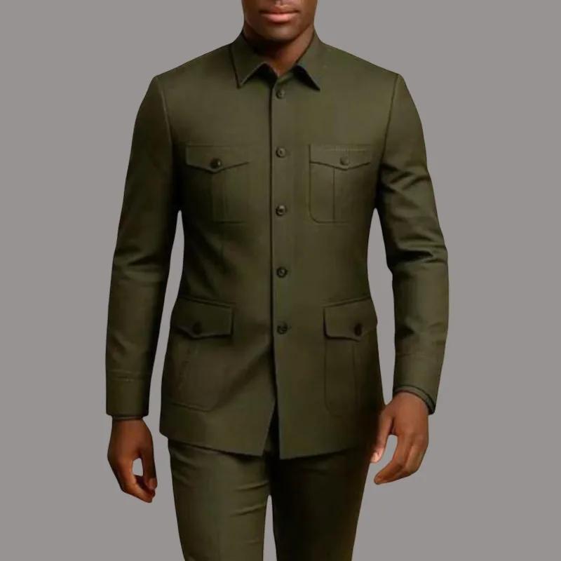 Costumes décontractés pour hommes Safari avec poches, col montant, style de mode chinois, coupe ajus