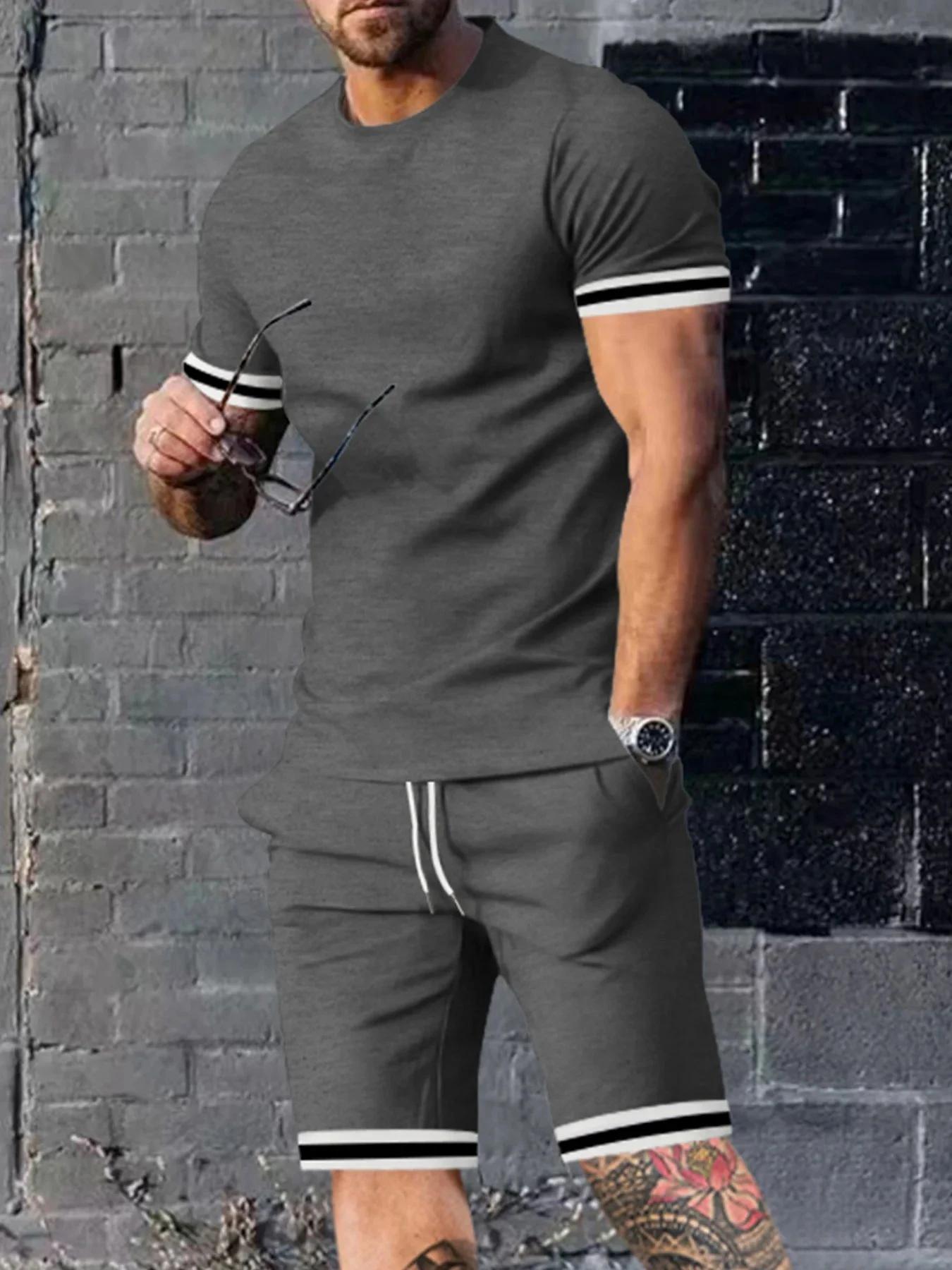 Ensemble T-shirt et short à col rond pour hommes, imprimé rayé minimaliste, confortable et respirant