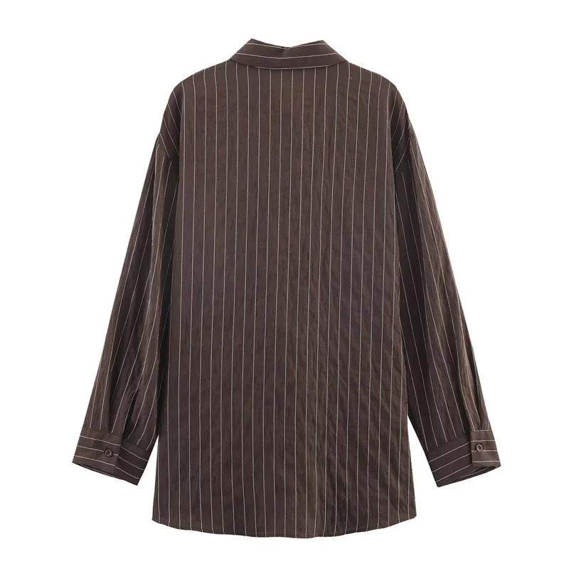 Chemise femme 2025 hiver nouveau Style chemise à manches longues rayée marron rougeâtre avec décor d