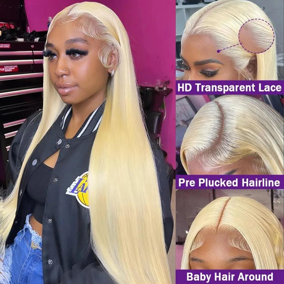 613 Blonde 13x6 HD dentelle avant perruques de cheveux humains 38 "hute colorée droite 13x4 HD Trans