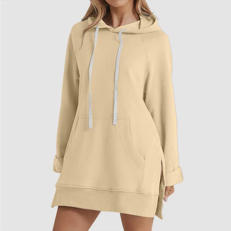 Robe à capuche pour femmes, ourlet fendu, cordon de serrage, ample avec grande poche, pull à capuche