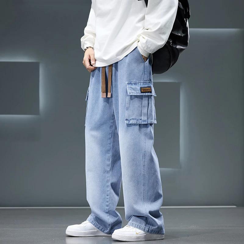 Automne nouveau jambe large lavage Jean pantalon hommes pantalon neutre couleur unie ample décontrac