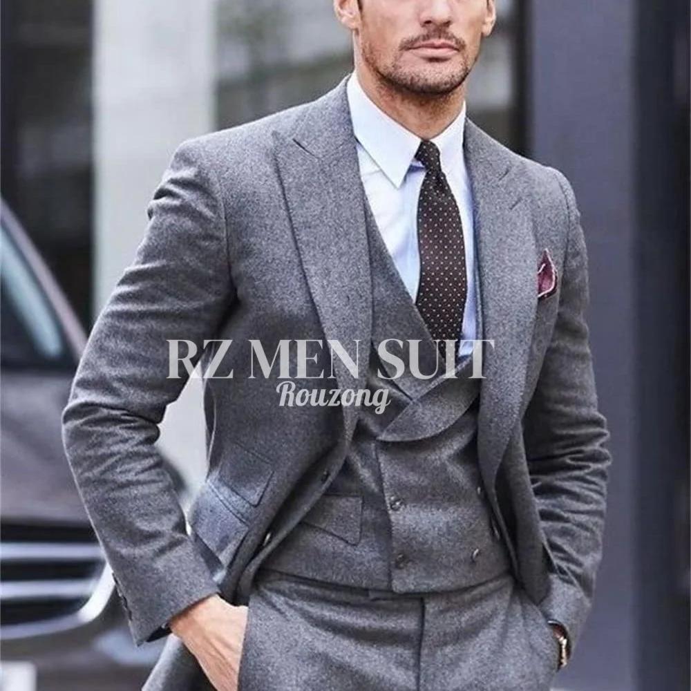 Costumes en tweed pour hommes, 3 pièces, en tweed à chevrons, coupe ajustée, blazer croisé, smoking,