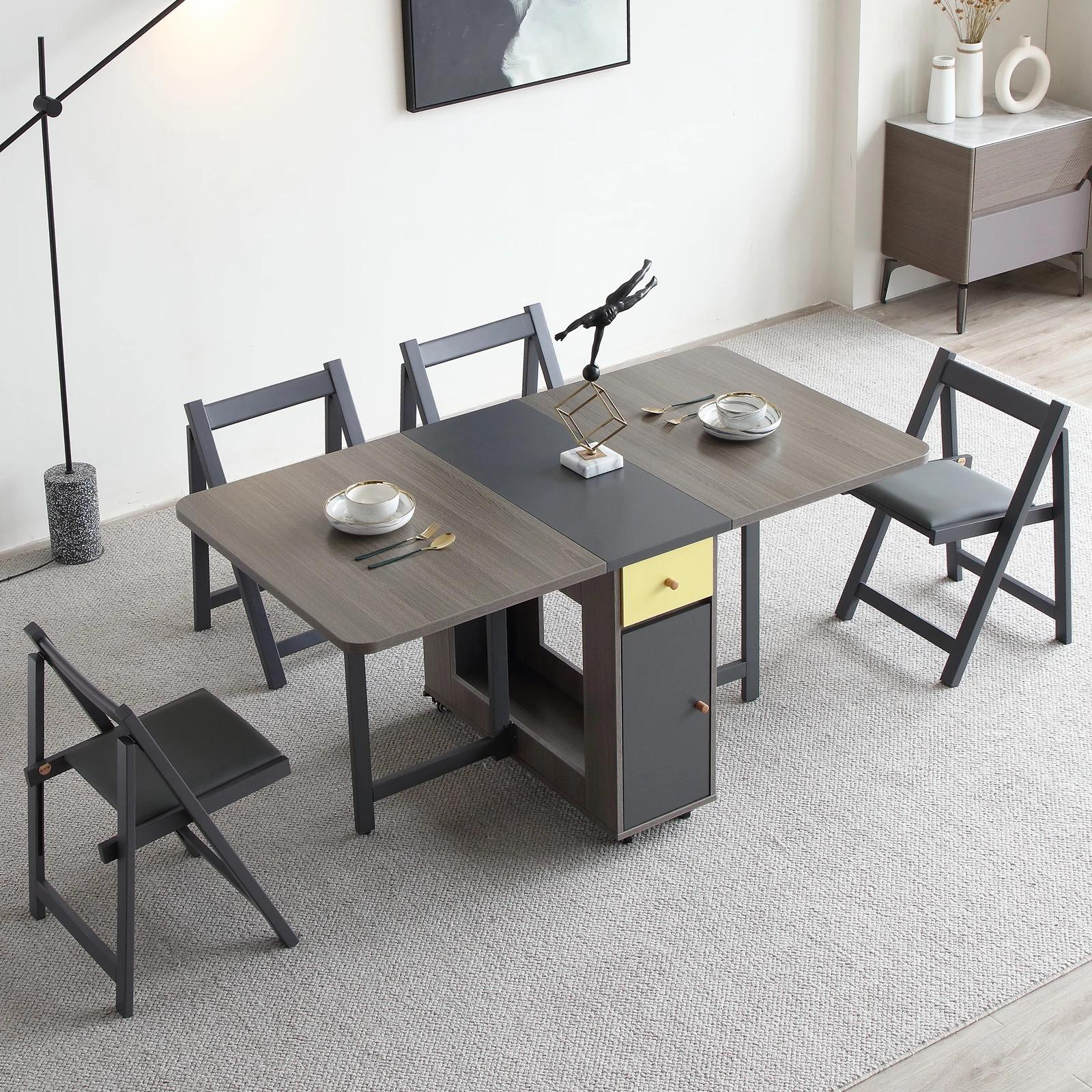 Table à manger extensible multifonctionnelle moderne, gain de place avec armoire de rangement