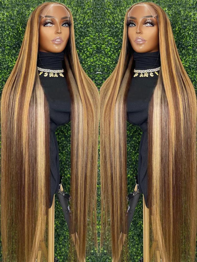 Perruque Lace Front Wig sans colle naturelle ombrée, cheveux lisses, blond miel, 13x6 HD, 30 34 pouc