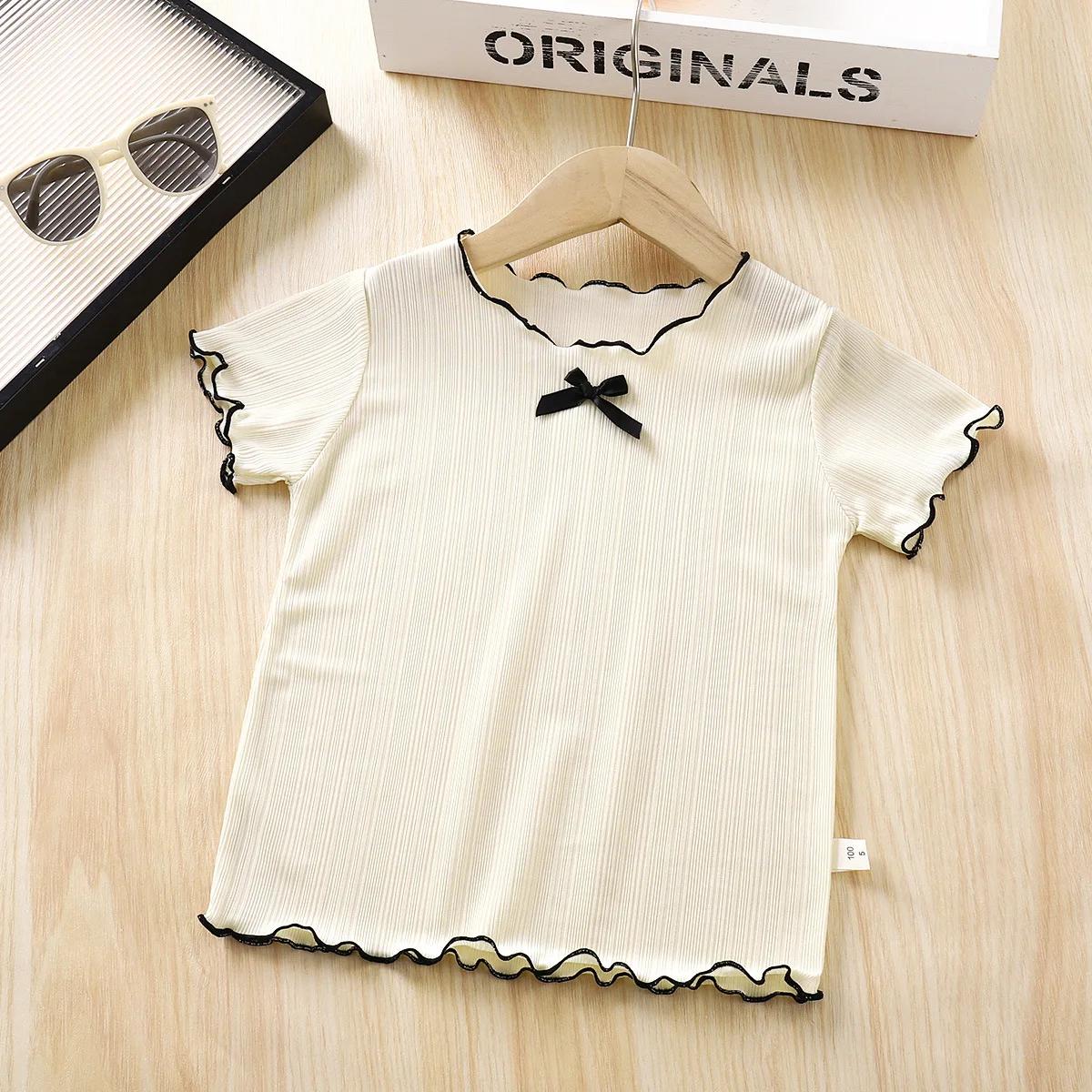 T-shirts d'été à manches courtes en tricot fin avec volants et dentelle pour bébés filles, nouveaux 
