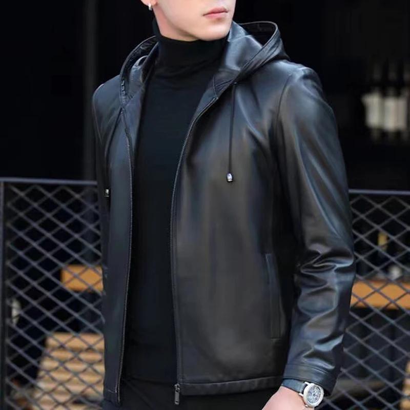Veste en cuir véritable pour hommes, manteau court en peau de mouton avec capuche, vêtements décontr