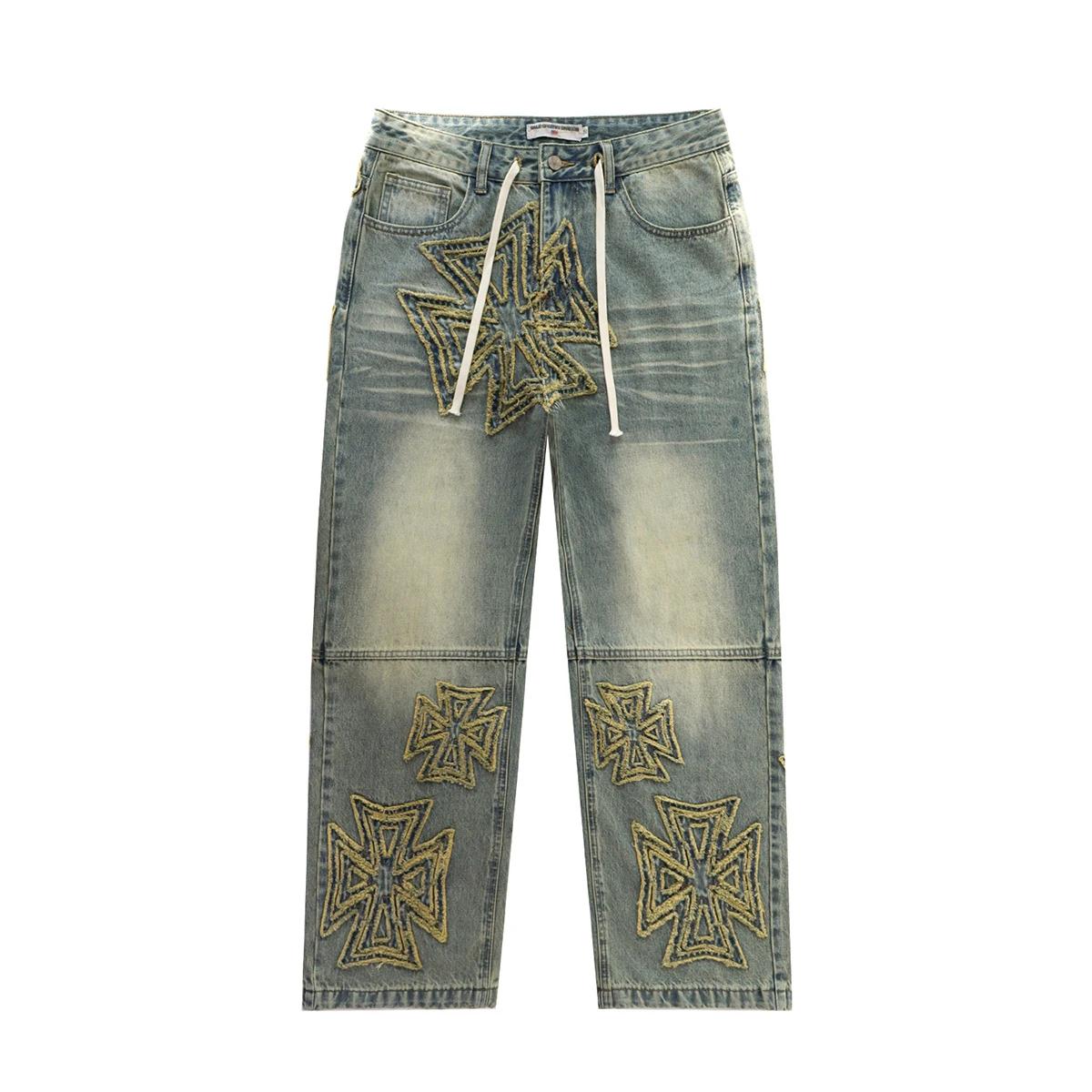 Jean baggy brodé délavé tendance 2026 pour homme – Pantalon cargo ample en denim de coton coupe droi