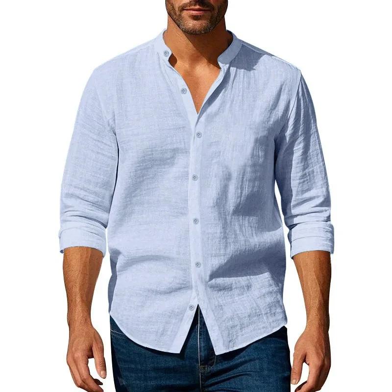 Chemise en coton et lin pour hommes, col Henley, couleur unie, légère, respirante, coupe cintrée, si
