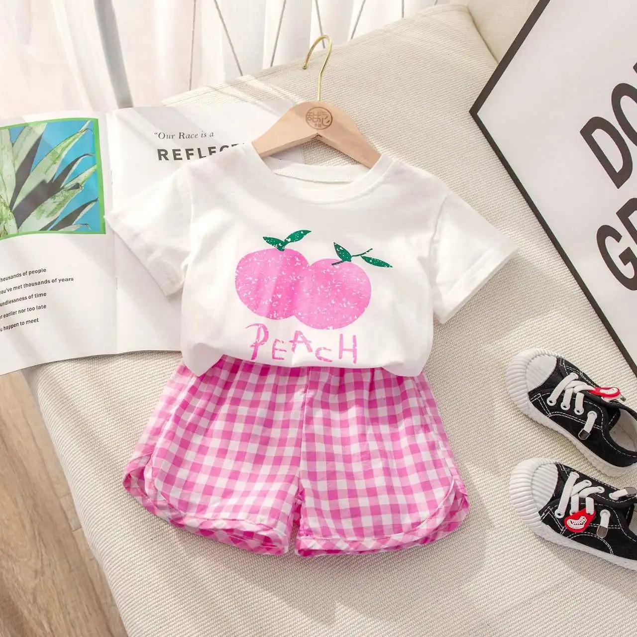 Ensemble 2 pièces pour enfants, haut à manches courtes et col rond + Short à carreaux, fruits, citro